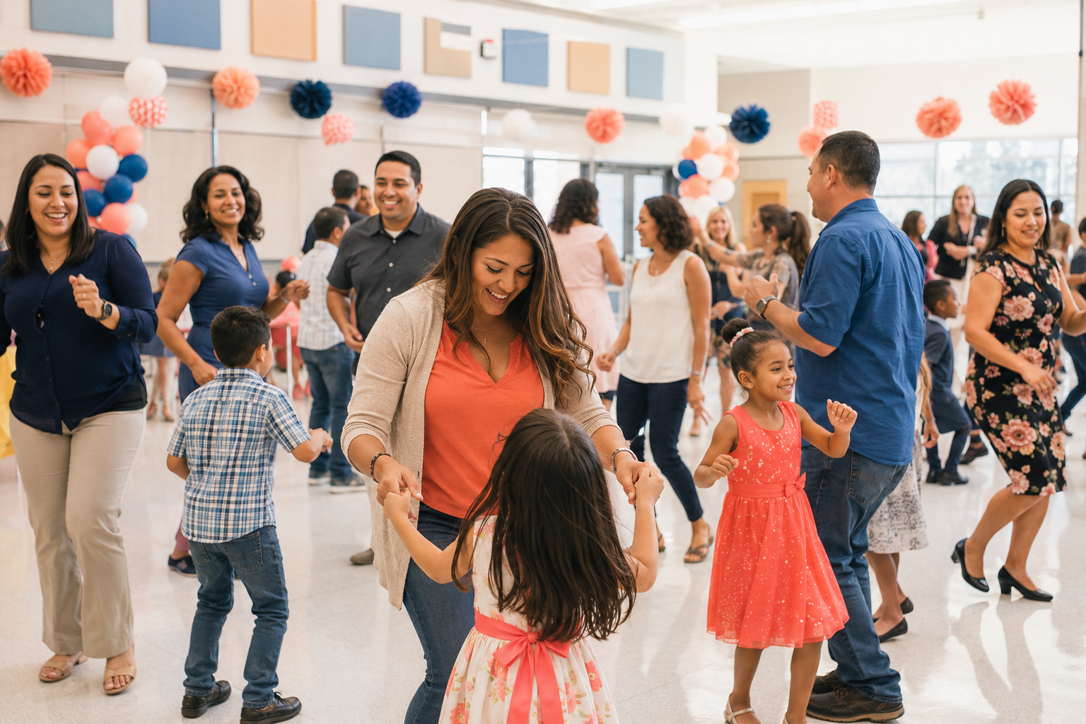 Families dancing at a school celebration